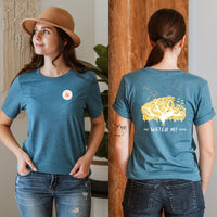 girl with front and back mustard t shirt