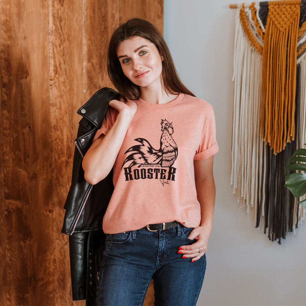 brunette girl wearing remember the rooster christian t shirt