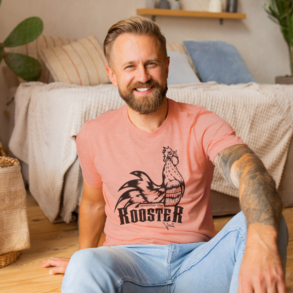 man with sleeve wearing remember the rooster christian t shirt