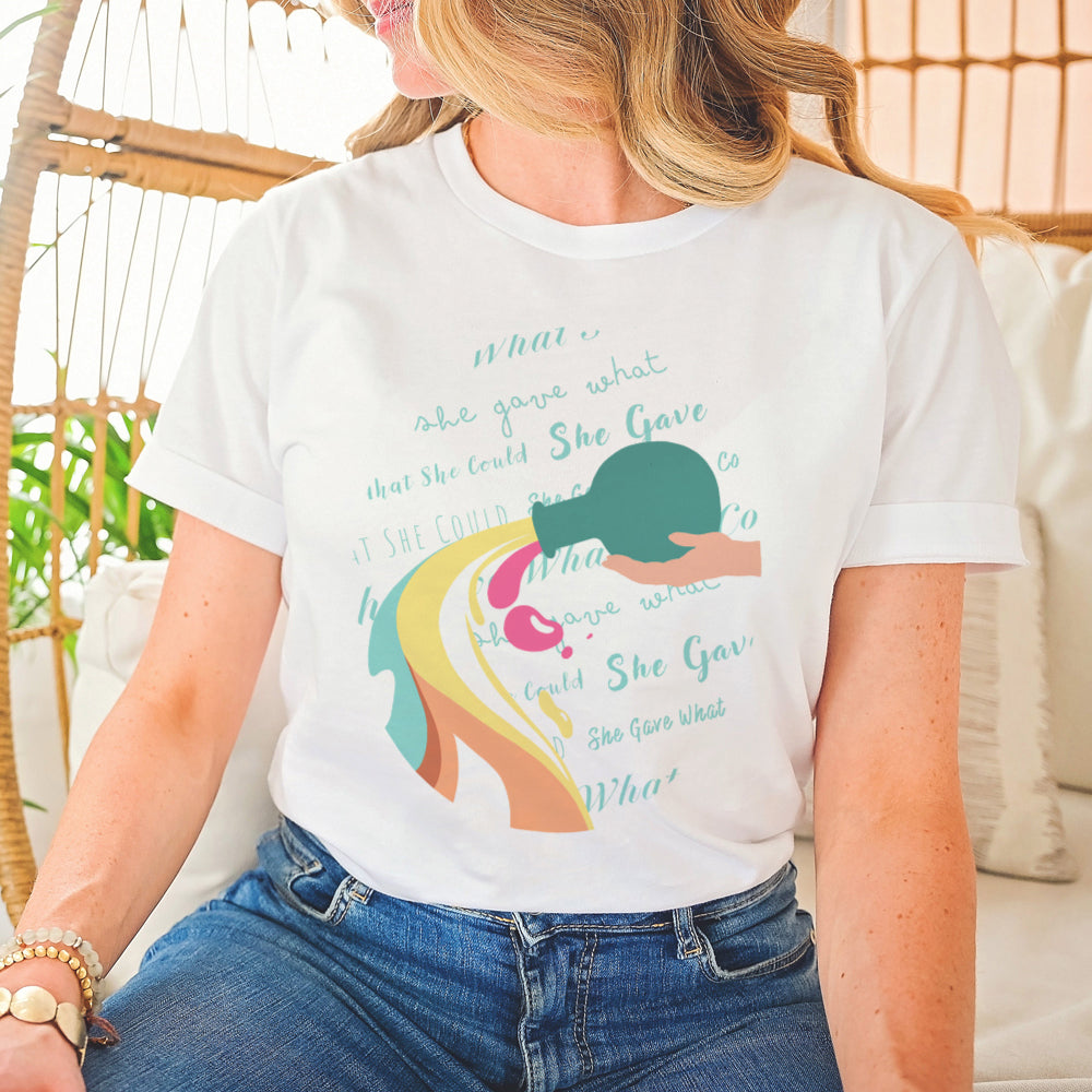 blonde girl wearing she gave what she could christian t shirt